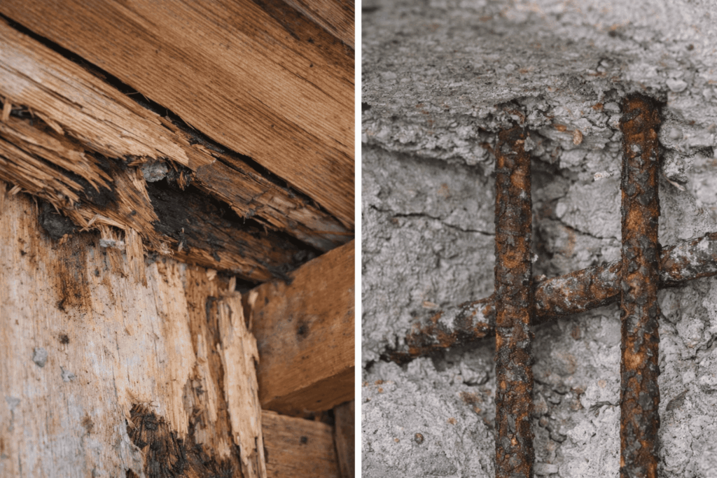 腐食した木材と錆びた鉄筋