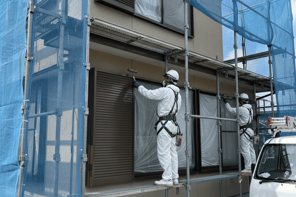外壁塗装をする作業員