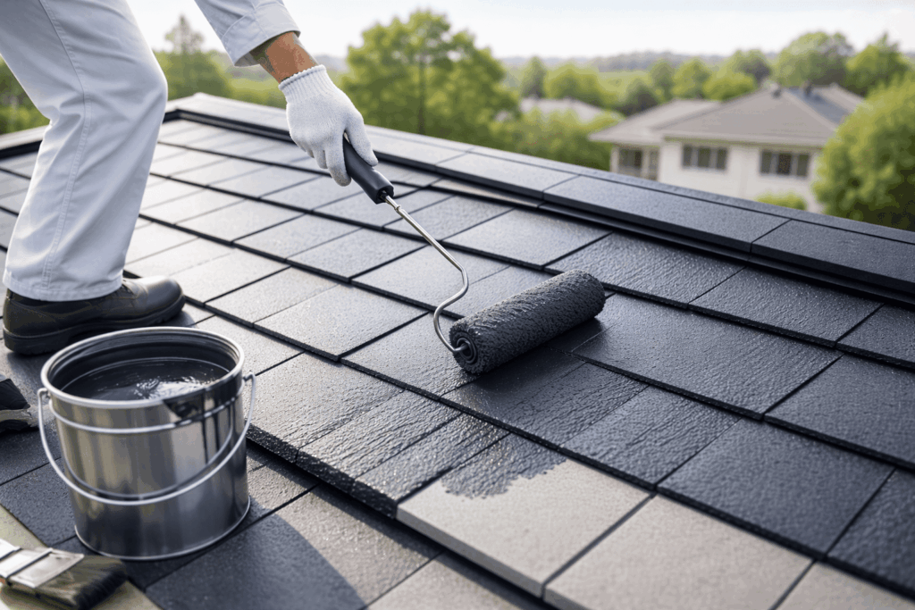 屋根の塗装をしている様子